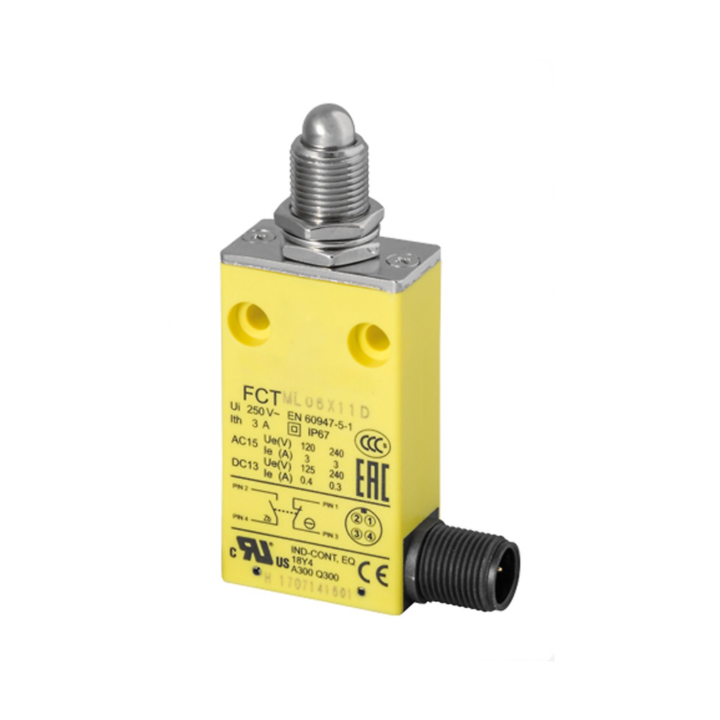 Plunger Limit Switch, Slow Break, 1 NC 1 NO, M12 Connector For Fast Cable Connections, FCTMV06X11D
