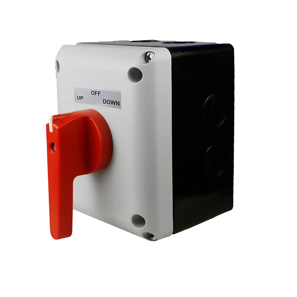 120/240V AC, 20A, 2HP, Single Phase, Boat Lift Switch or Motor Reversing Switch  w/Front Mounted Red Handle (Maintained)