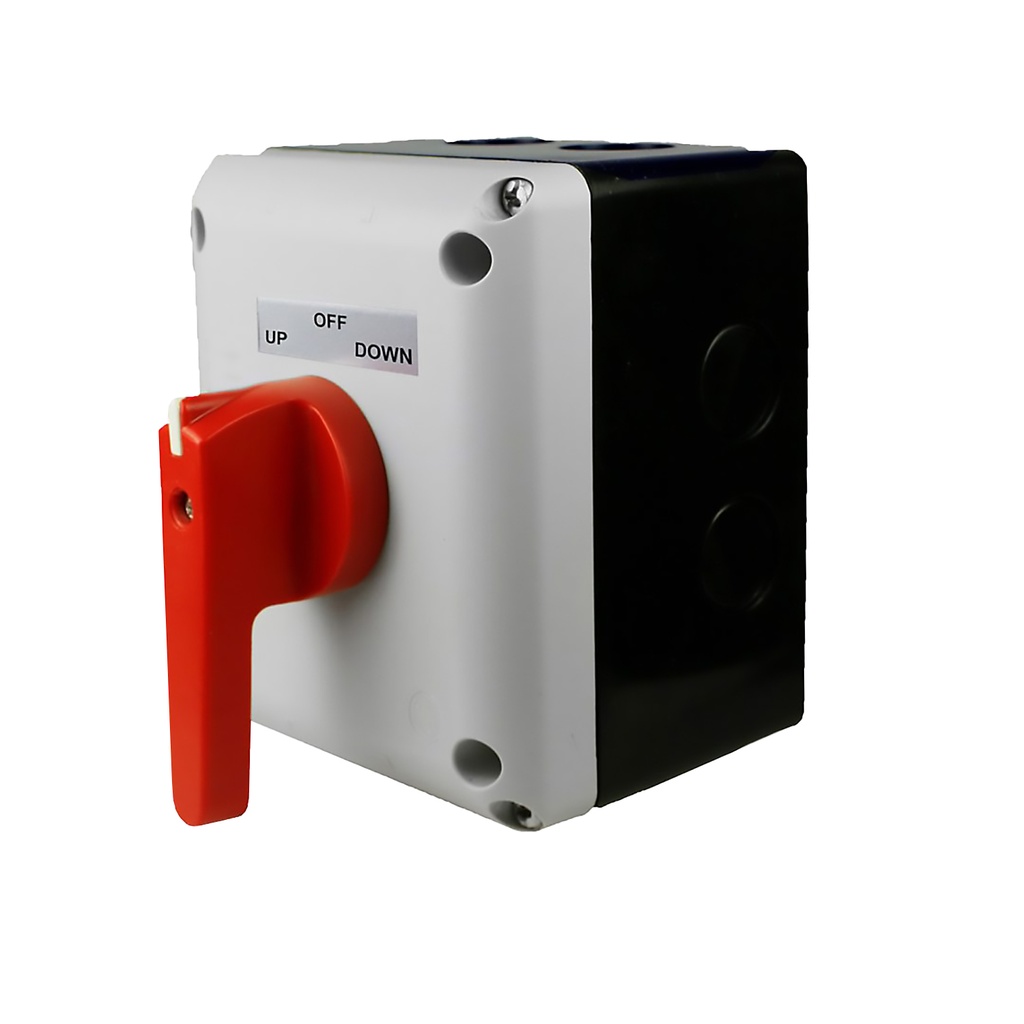 120/240V AC, 20A, 2HP, Single Phase, Boat Lift Switch or Motor Reversing Switch w/Front Mounted Red Handle (Maintained)