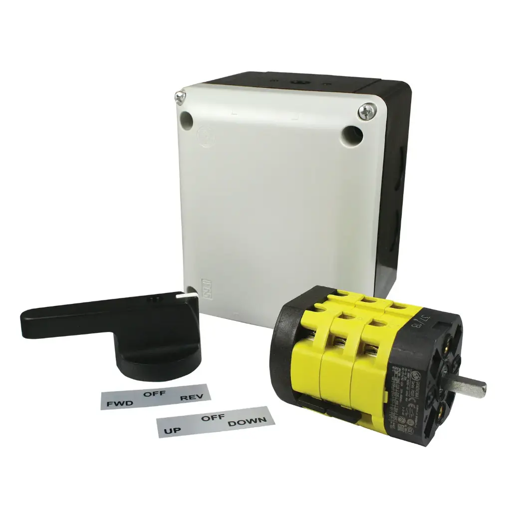 120/240V AC, 20A, 2HP, Single Phase, Boat Lift Switch or Motor Reversing Switch w/Top Mount Black Handle, Enclosure Kit (Momentary)