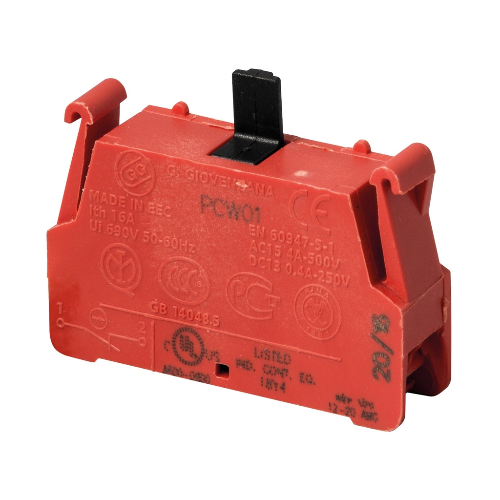 Contact Block | 1NC | Spring Terminal | 10A 250V AC | UL508 | Red | Pack of 1 | For P02, P03, PL, PLB and TLP Series Pendant Stations | ASI PCW01
