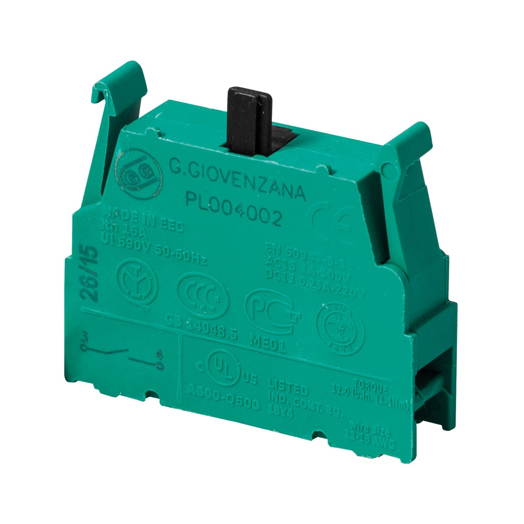 Contact Block | 1NO | Screw Terminal | 10A 250V AC | UL508 | Green | Pack of 10 | For P02, P03, PL, PLB Series Pendant Stations | ASI PL004002