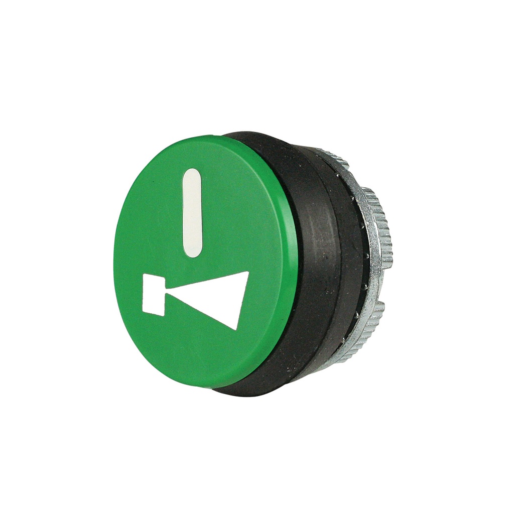 START Push Button+ALARM, Momentary Return, Green, Laser Engraved White Vertical Line+Alarm Symbol