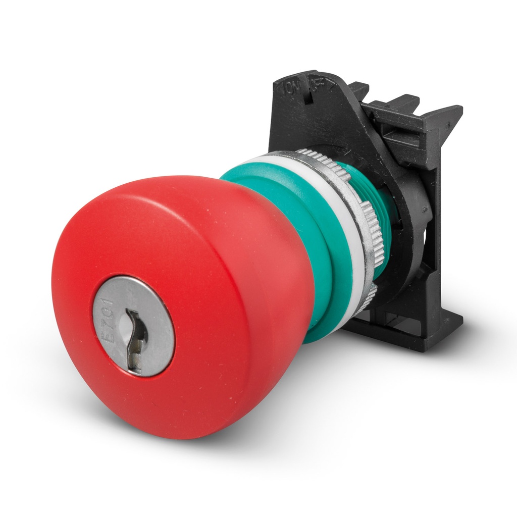 E-Stop Button: Push-to-Stop/Pull-to-Run with Key to Release, 40mm Red Button, 22mm Body, 1 NC Contact Included