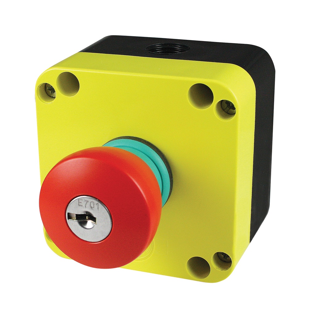 E-Stop Button: Push-to-Stop/Pull-to-Run with Key to Release, 40mm Red Button, 22mm Body, 1 NC Contact Included, NEMA4 Enclosure