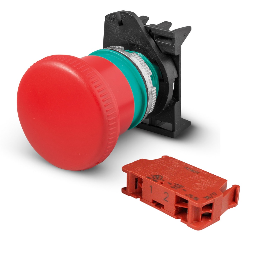 E-Stop Button: Push-to-Stop/Pull-to-Run, 40mm Red Button, 22mm Body, 1 NC Contact Included