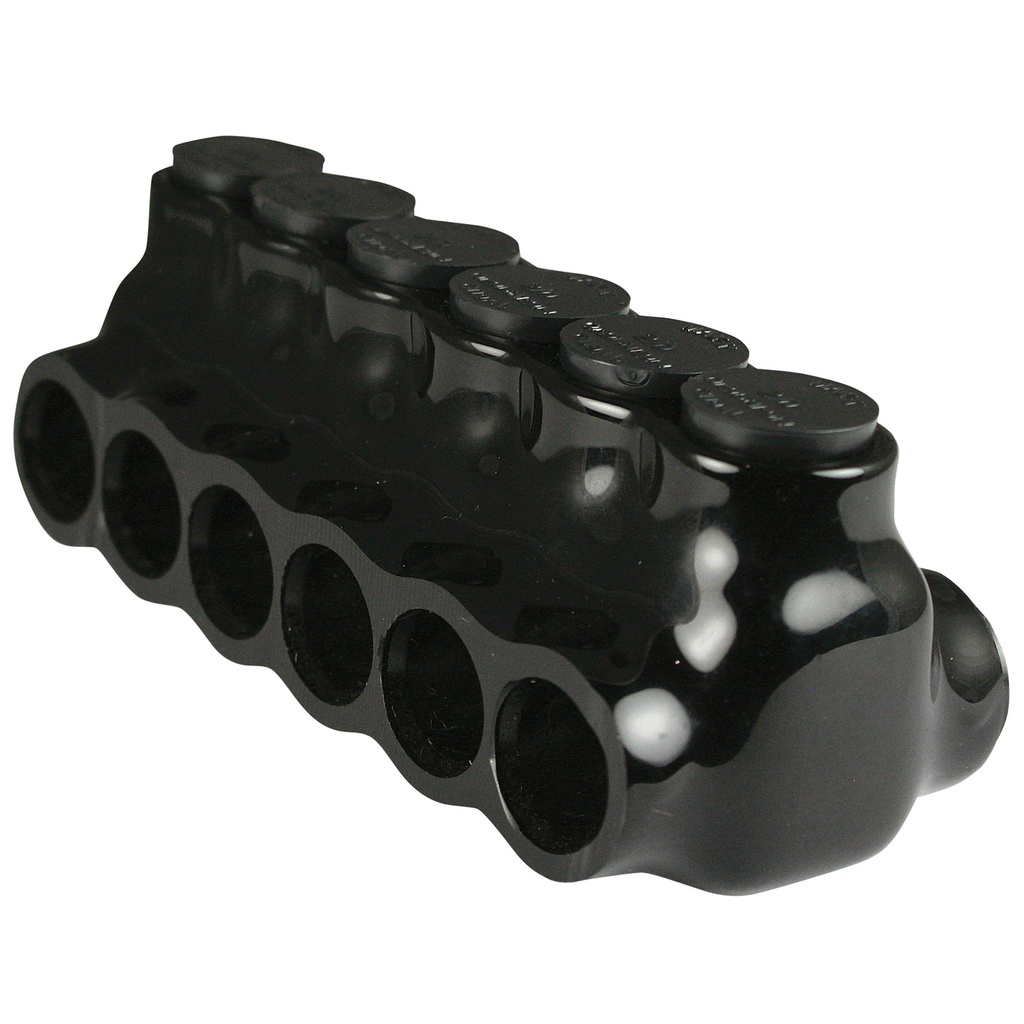 Insulated Multi Tap Connector |  6 Port | 6 AWG-2/0 AWG |  600V Class | Black Plastisol Insulation | Dual Side Wire Entry | UL Listed 486B