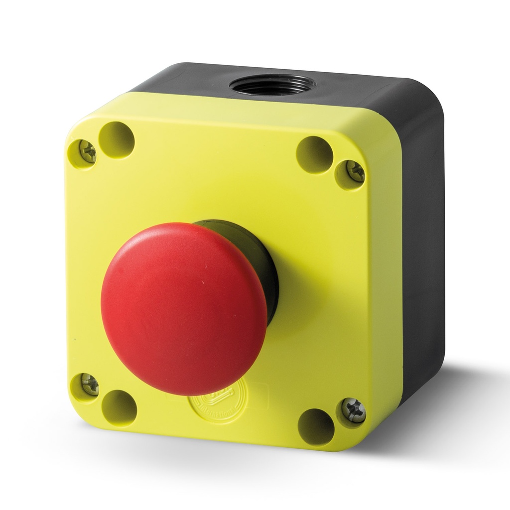 Emergency Stop Push Button, 40mm Momentary, Positive Opening Normally Closed Contact, With Yellow Enclosure, IP65