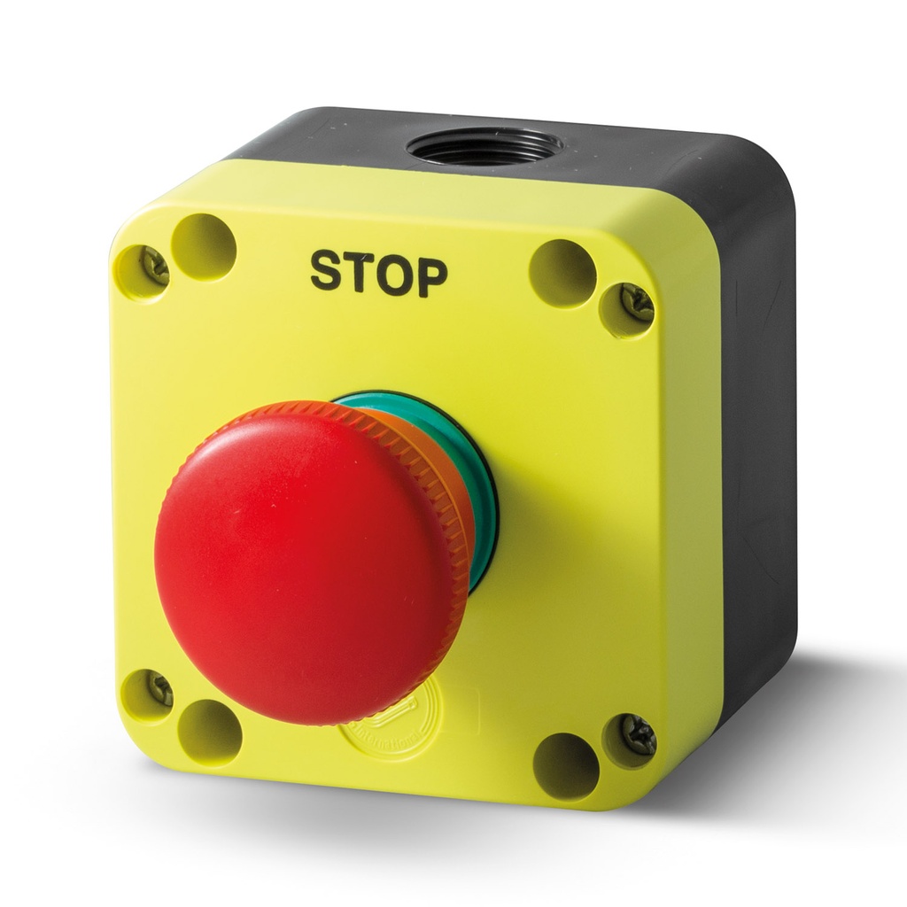 Emergency Stop Push Button, 40mm Push-Pull, Positive Opening Normally Closed Contact, With Yellow Enclosure, IP65
