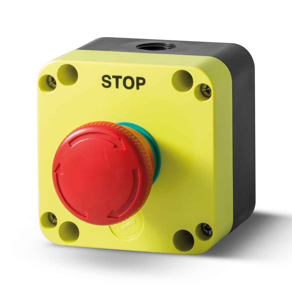 Emergency Stop Push Button, 40mm Twist Release, Positive Opening Normally Closed Contact, With Yellow Enclosure, IP65