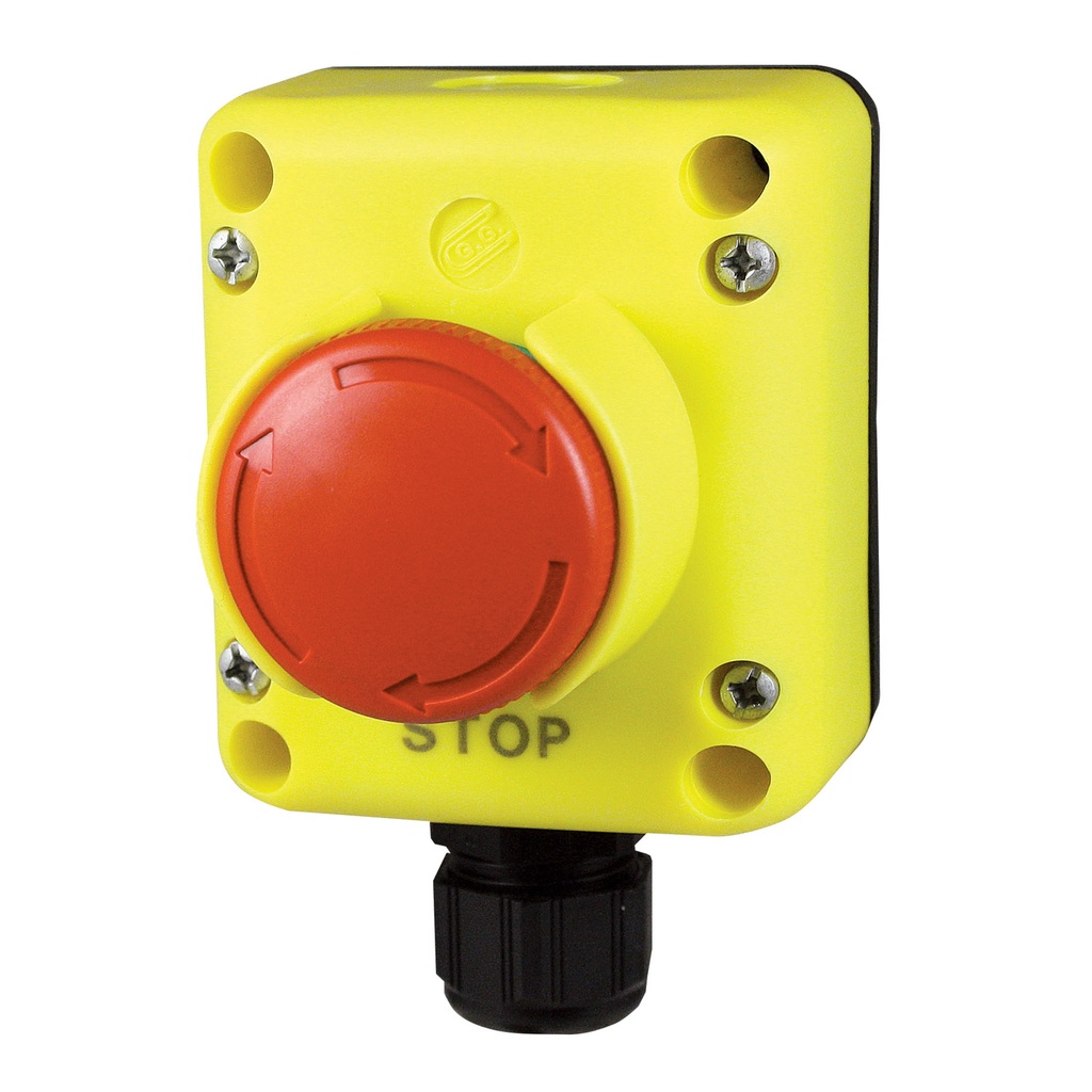 E-Stop Control Station, 40mm Red Button E-Stop: Twist-to-Release, 1 NC Contact Included, TLP1 NEMA 4 Enclosure w/Cable Gland and Button Guard