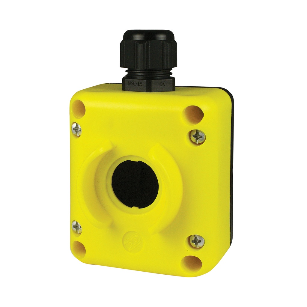 E Stop Enclosure, 1 Hole, For 22mm E Stop Push Button Or Other 22mm Switch, Includes M20 Cable Gland, Yellow Black Housing