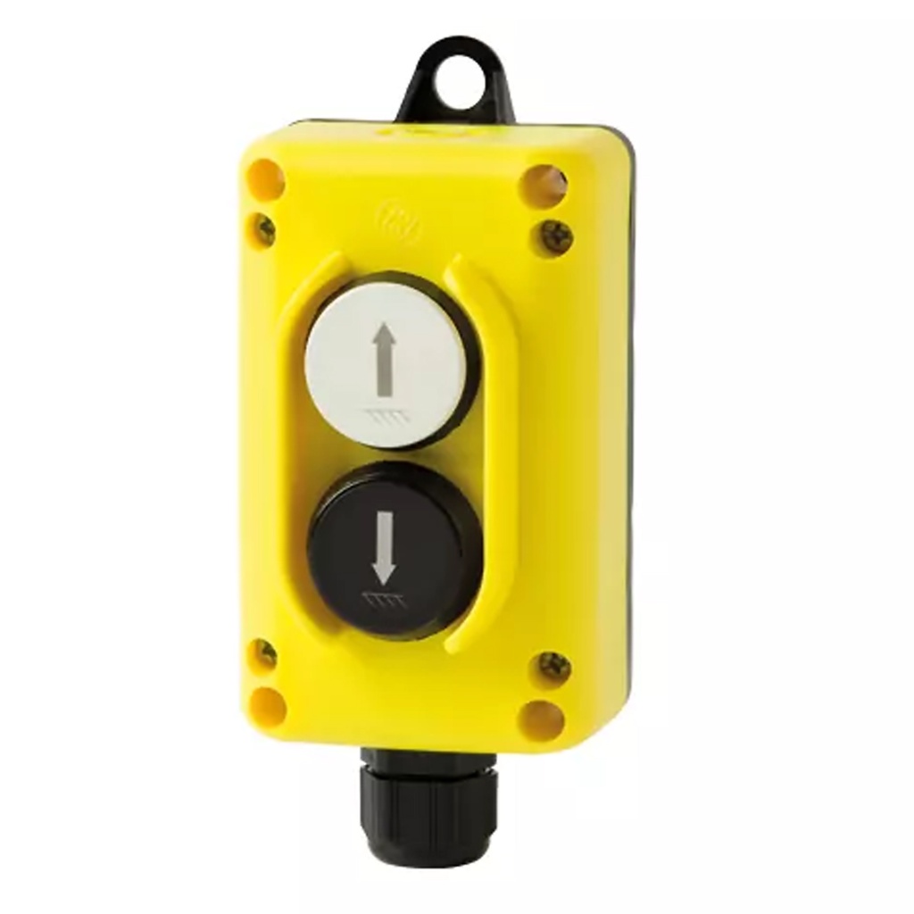 DISCONTINUED USE: ASI-E100TLP2 | Up-Down Control Station | 2-Button Pendant Station | 1 White Up & 1 Black Down Button | 2 NO Contacts | NEMA 4, IP65 Rated | Industrial Hoist & Crane Control | 
