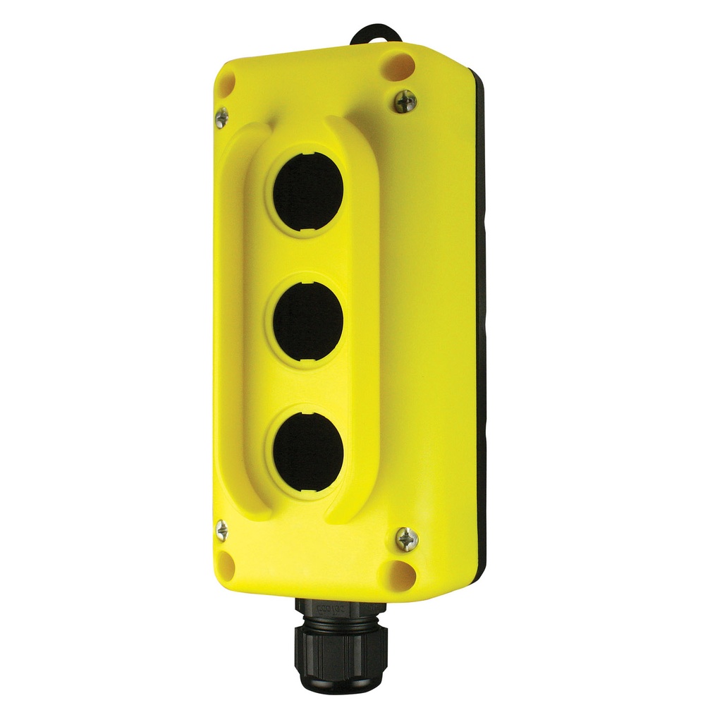 3 Hole Pendant Station Enclosure, 3 Hole Control Station Enclosure, Yellow Cover, Black Base, Includes M20 Cable Gland