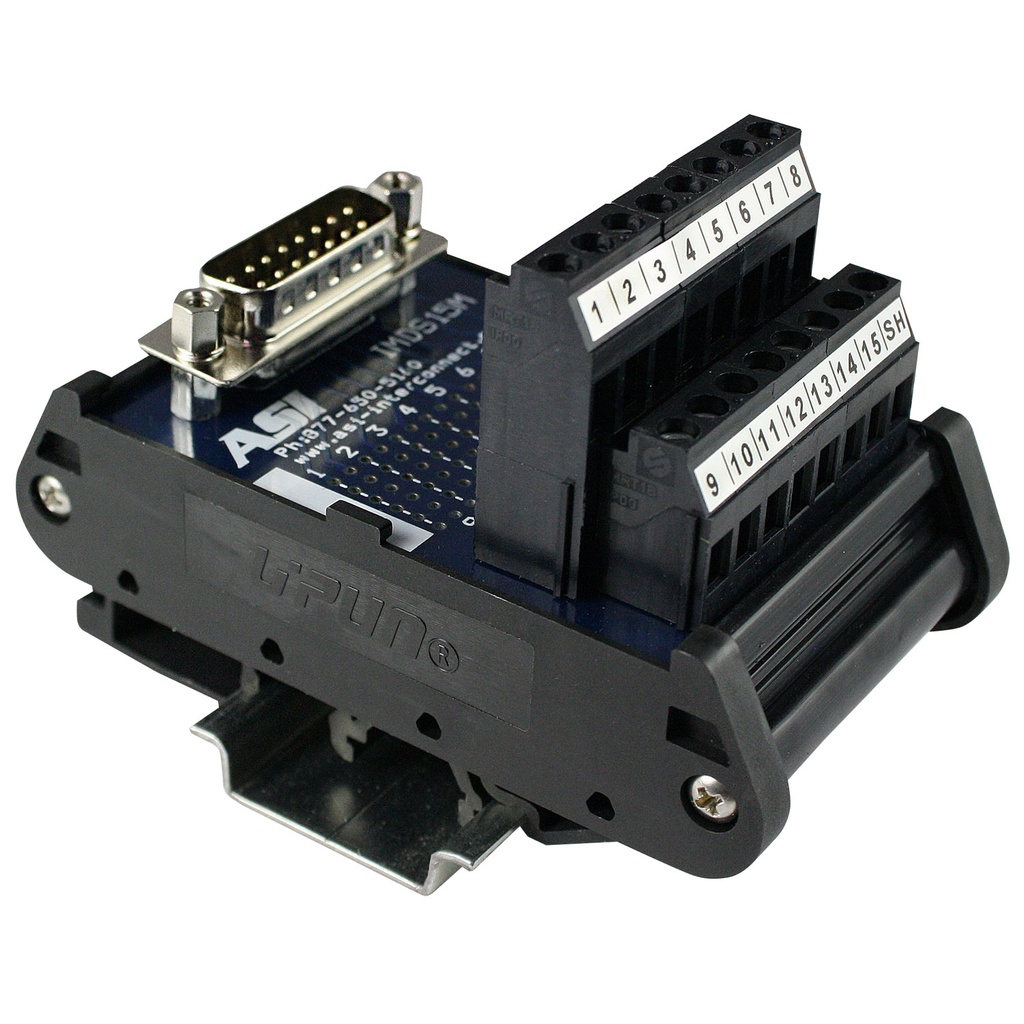 IMDS15M | 15-Pin Male D-Sub to Screw Terminal Block Interface Module | 2.5A, 120V AC | 26-12AWG | DIN Rail Mount | RS232 Breakout Board | Industrial Interface Module | ASI 11002
