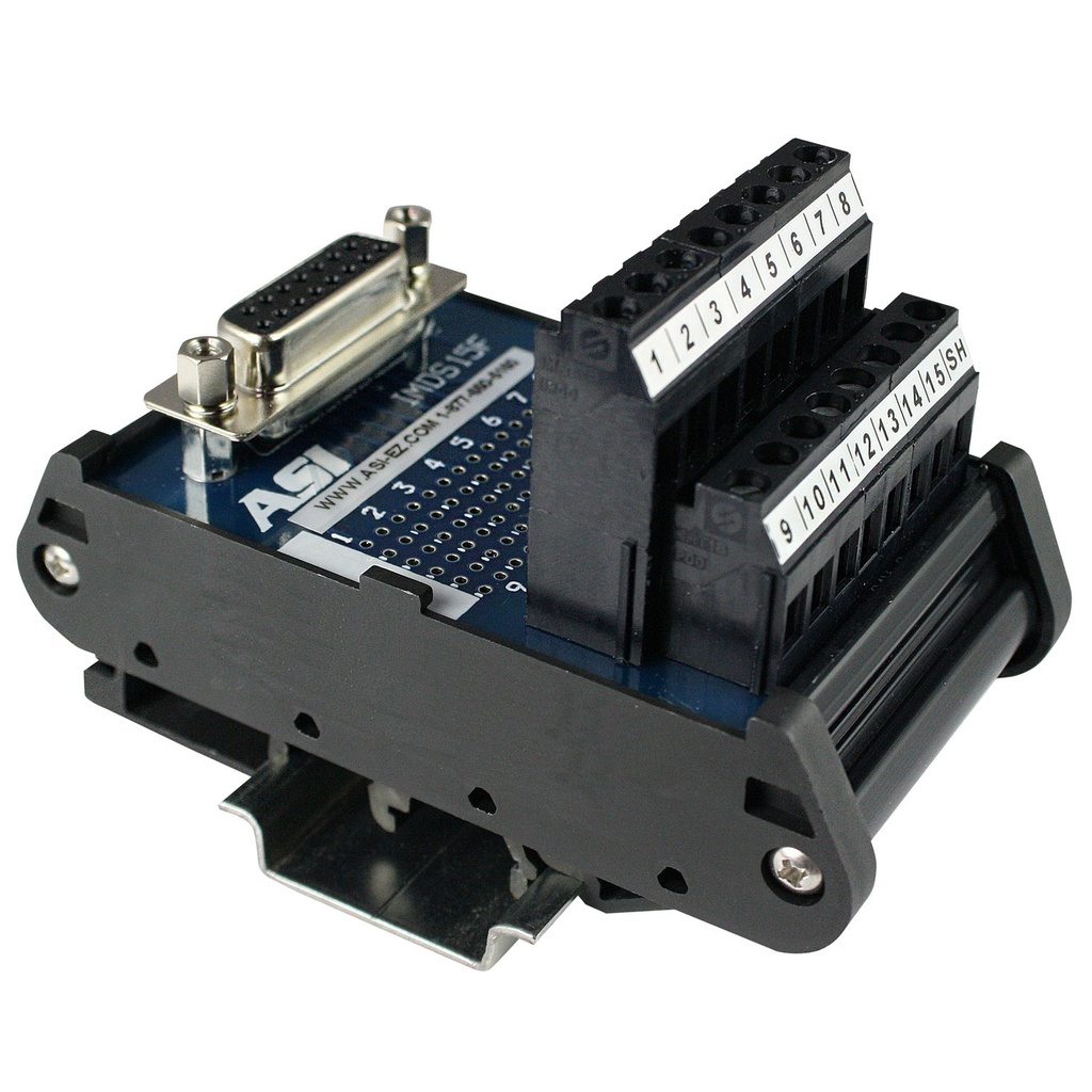 15 Pin Female D-Sub Connector to Screw Terminal Block Interface Module, DIN Rail Mount