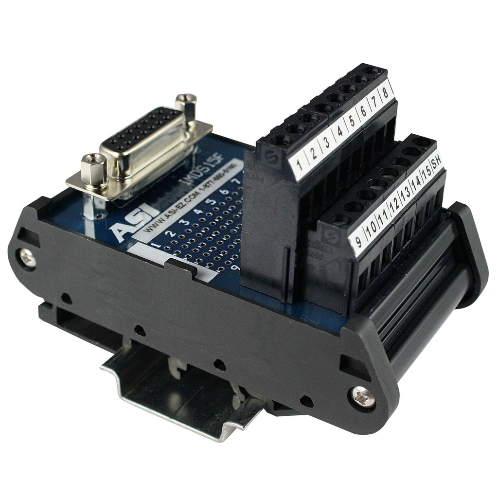 IMDS15F | 15-Pin Female D-Sub to Screw Terminal Block Interface Module | 2.5A, 120V AC | 26-12AWG | DIN Rail Mount | RS232 Breakout Board | Industrial Interface Module | ASI 11003