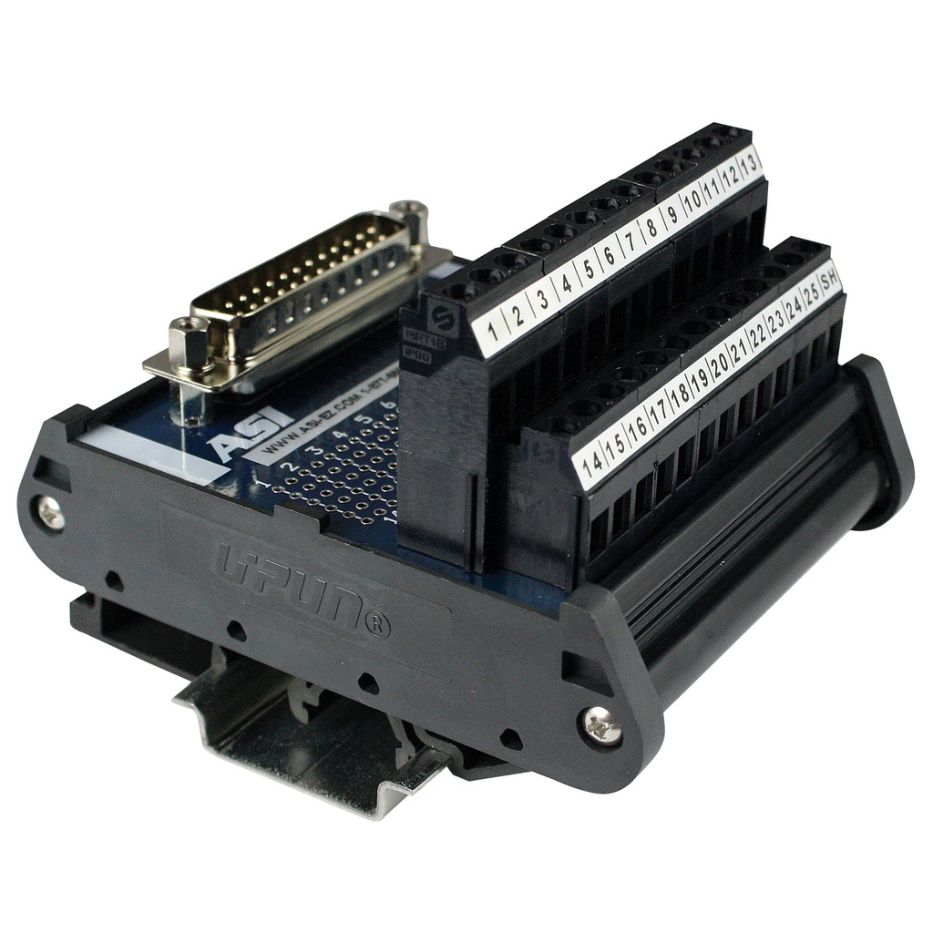ASI 11004 | IMDS25M | 25-Pin Male D-Sub to Screw Terminal Block Interface Module | 2.5A, 120V AC | 26-12AWG | DIN Rail Mount | RS232 Breakout Board | Industrial Interface Module
