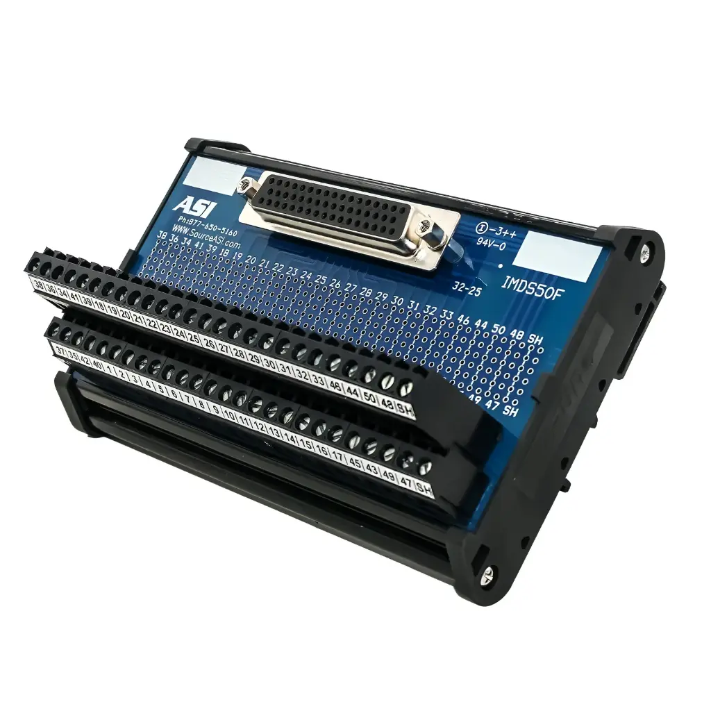 IMDS50F | 50-Pin Female D-Sub to Screw Terminal Block Interface Module | 2.5A, 120V AC | 26-12AWG | DIN Rail Mount | RS232 Breakout Board | Industrial Interface Module | ASI 11009