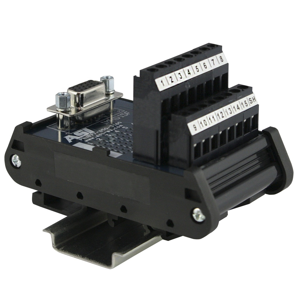 ASI 11101 (Type IMHD15F)  DIN Rail Breakout Board | 15-Pin High-Density Female D-Sub to Screw Terminal | Secure Mounting | Industrial Interface Module