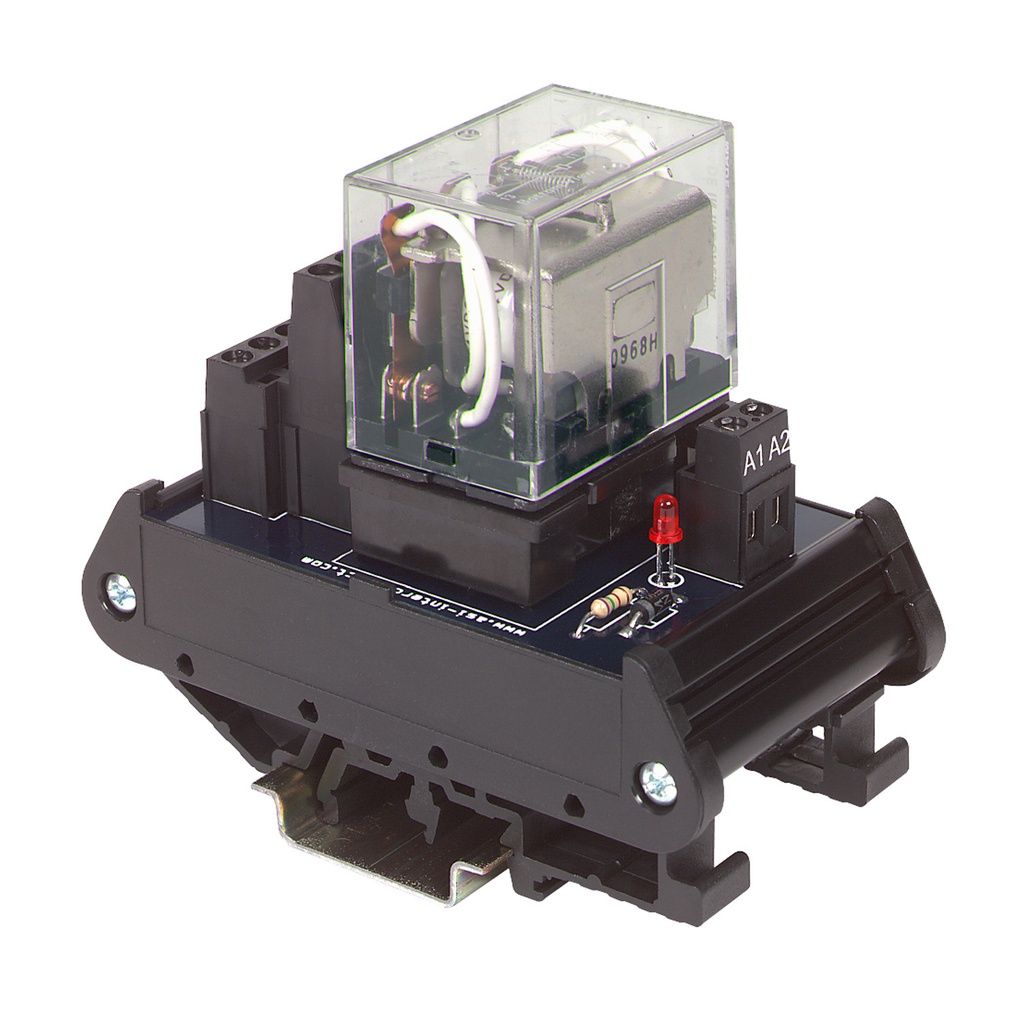 120VAC Relay Module, Led Coil Status, Pluggable Relay, 10 Amp, 110 VAC Contact, 24-12 AWG, 4Pdt, DIN Rail