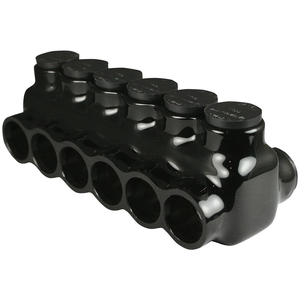 Insulated Multi Tap Connector |  6 Port | 6 AWG-250 MCM |  600V Class | Black Plastisol Insulation | Dual Side Wire Entry | UL Listed 486B