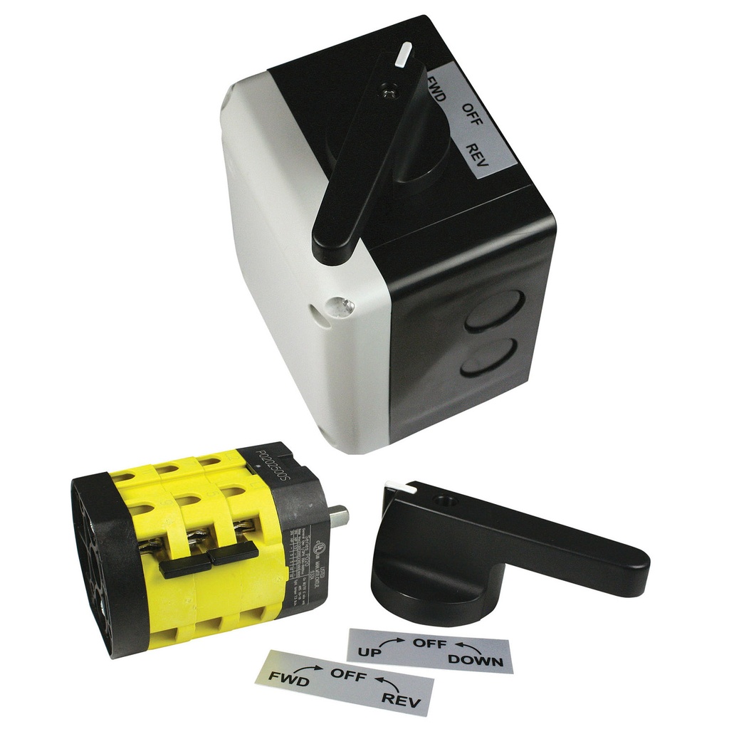 USE - P0202500S-KIT  ---  P0202500S-EKIT 120/240V AC, 20A, 2HP, Single-Phase Boat Lift Switch | Motor Reversing Switch with Top Mount Black Handle Kit (Momentary)