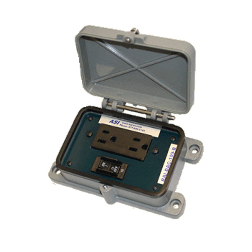 ASI RAI-DAC-104-B Panel Interface Connector | Dual 120V AC Receptacle | 5A Circuit Breaker | Waterproof Aluminum Housing | NEMA 4, 4X, IP65 Rated | Locking Cover | Panel Mount