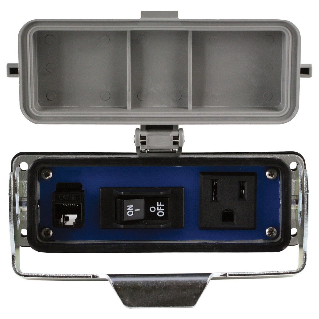 Panel Interface Connector with 3A Circuit Breaker, 120V AC Receptacle, and RJ45 Ethernet Port | Aluminum Housing with Locking Cover | IP65 & UL Type 4 Rated