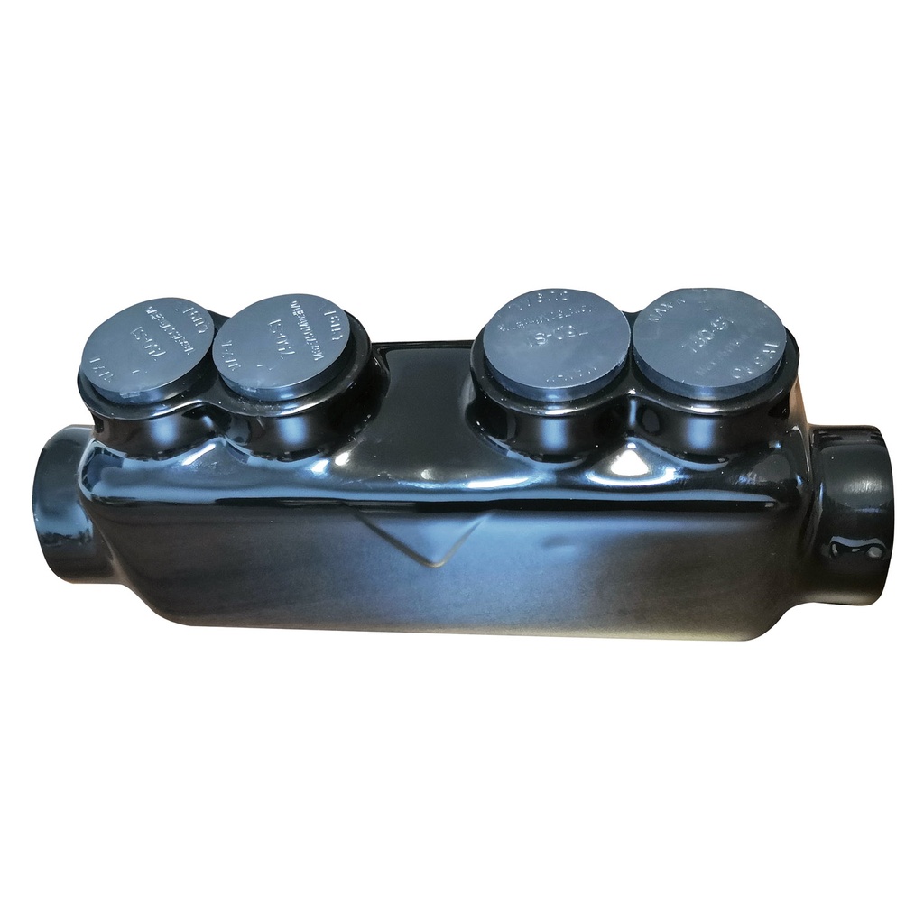 Inline Insulated Multi Tap Connector | 2 Port | 750MCM-1/0 AWG |  600V Class | Black Plastisol Insulation | Single Side Wire Entry | UL Listed 486B