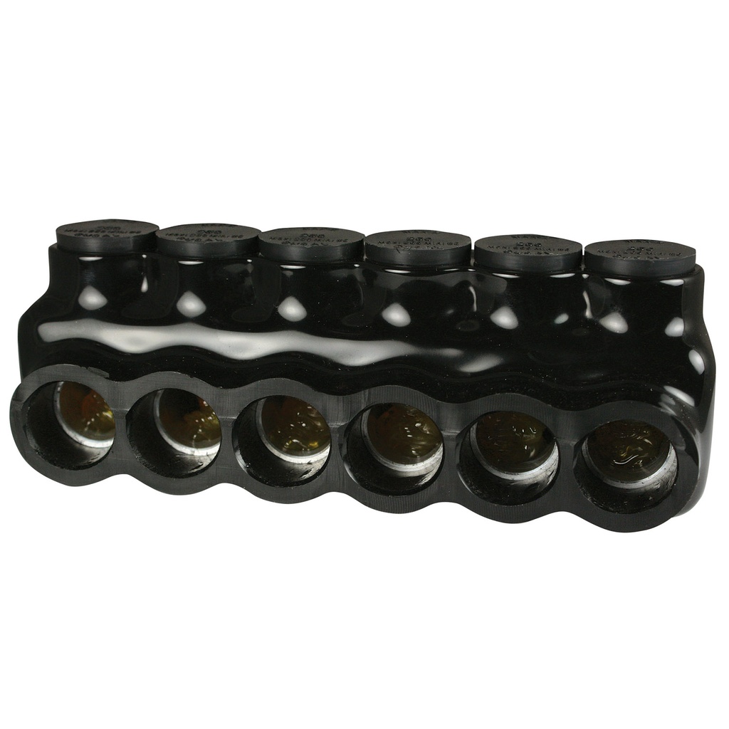 Insulated Multi Tap Connector |  6 Port | 6 AWG-250 MCM |  600V Class | Black Plastisol Insulation | Single Side Wire Entry | UL Listed 486B