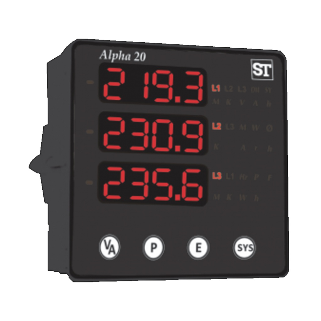 Digital Panel Meter, Alpha 20 Series, 3 Rows, 3 Phase, 100 to 500 V, 1 to 5 Amps, 40 to 300V AC/DC