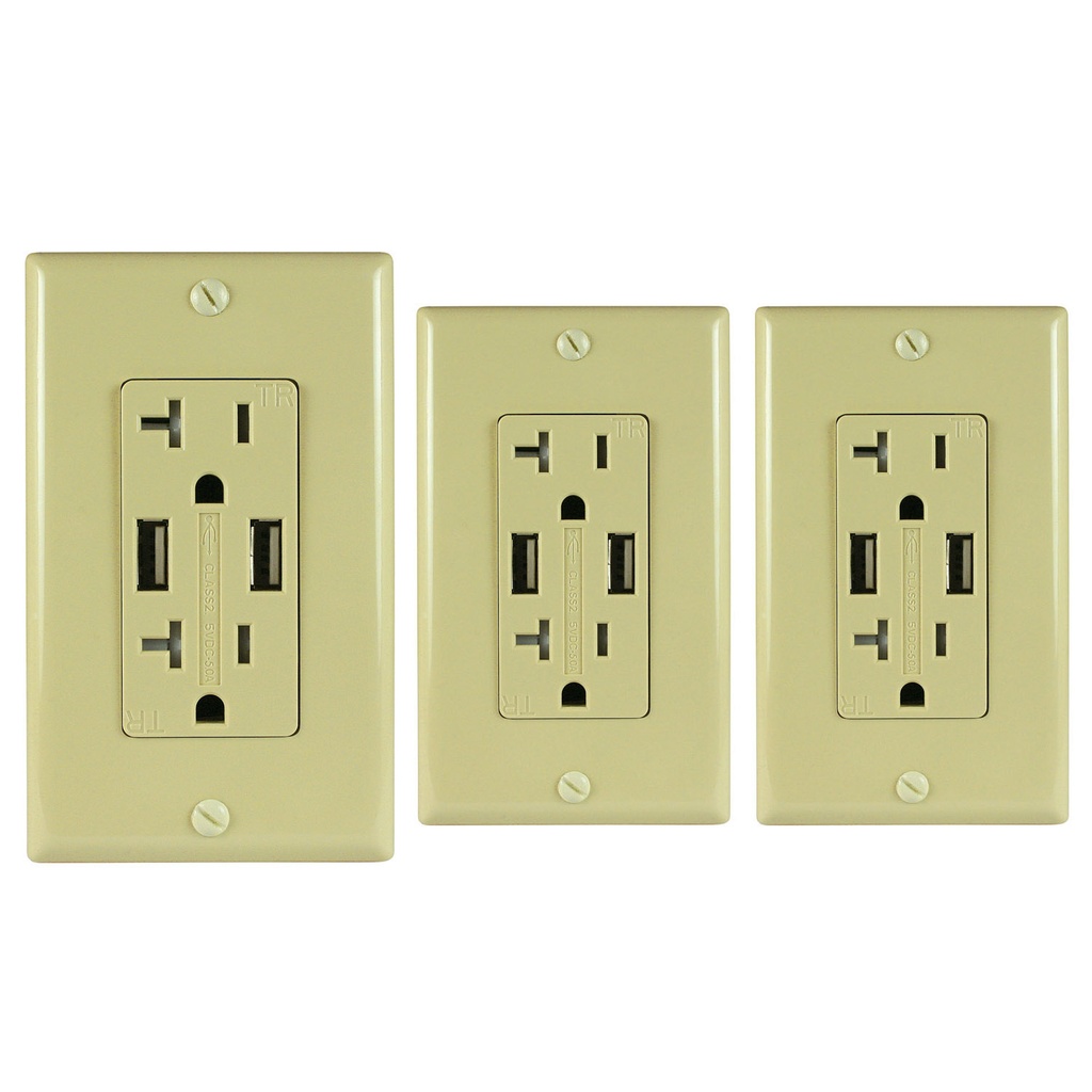 Wall Outlet with USB Charging Ports 3.4 Amp, Ivory, (3-Pack)