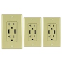 20A Duplex Wall Outlet with 2 USB 3.4A Charging Ports, Ivory, Includes Wall Plate, (3-Pack)