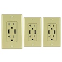 20A Duplex Wall Outlet with 2 USB Charging Ports, Ivory, Includes Wall Plate, (3-Pack)