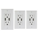 20A Duplex Wall Outlet with 2 USB Charging Ports, White, Includes Wall Plate, (3-Pack)