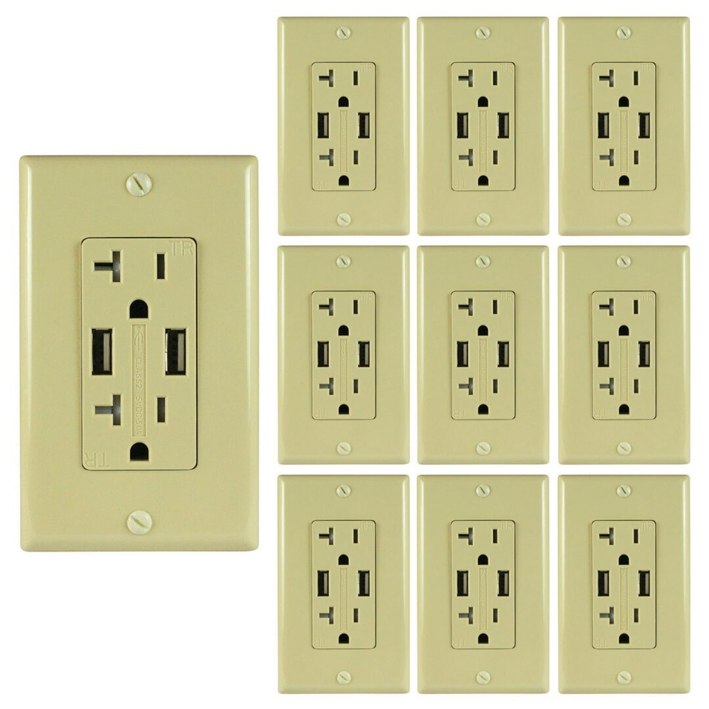 20A Duplex Wall Outlet with 2 USB Ports, Ivory, Includes Wall Plate (10-Pack)
