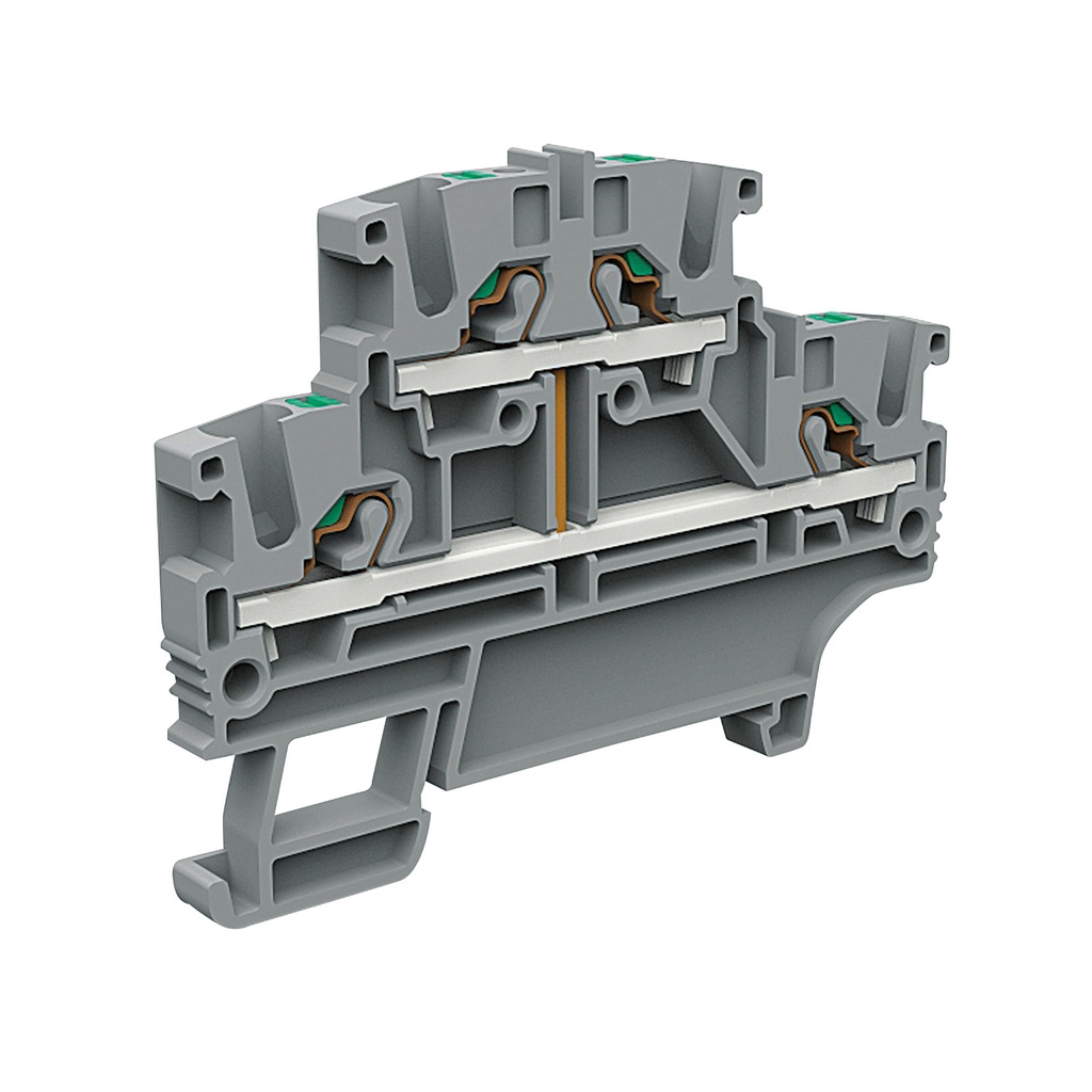 2 Level Push In Terminal Block With Levels Connected, DIN Rail Mount, 5.2mm, UL 24-12 AWG, 20A, 600V, Gray Housing, 