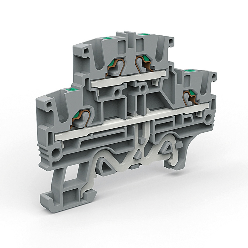 2 Level Push In Terminal Block, Ground And Feed Through, DIN Rail Mount, UL 24-12 AWG, 20A, 600V, 