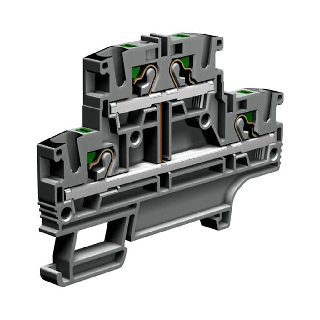 2 Level Push In Terminal Block With Levels Connected, DIN Rail Mount, 6.2mm, UL 24-10 AWG, 30A, 600V, Gray Housing, 