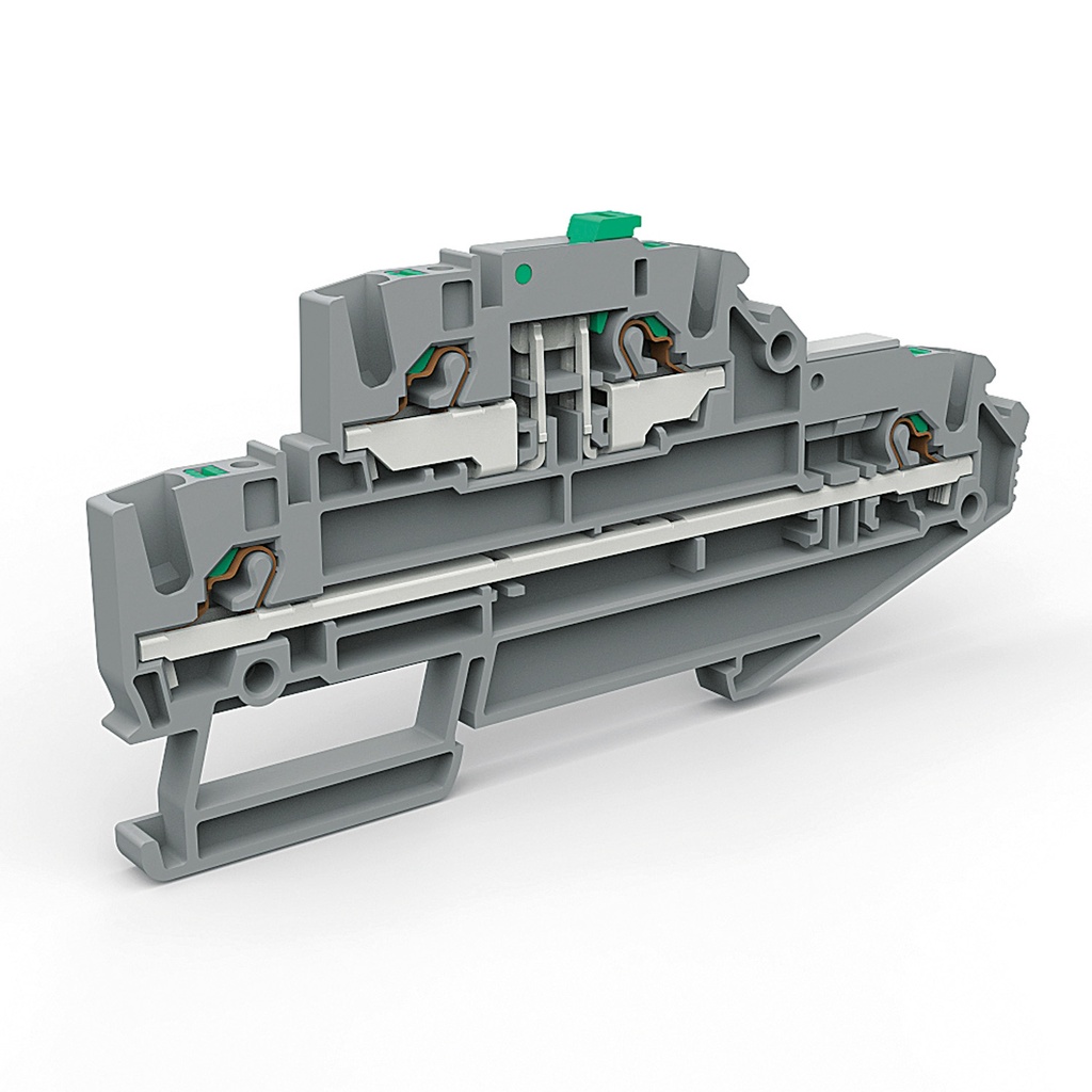 2 Level Push In Terminal Block, Knife Disconnect Upper Level, Feed Through Lower, DIN Rail Mount, UL 24-12 AWG, 12A, 300V, 