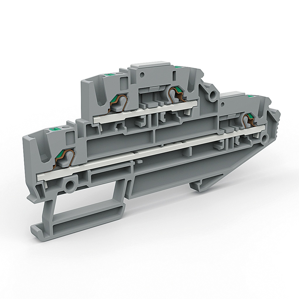 2 Level, 4 Wire Push-in Terminal Block, DIN Rail Mount, 5.2mm, 24-12 AWG, 12A, 300V, 