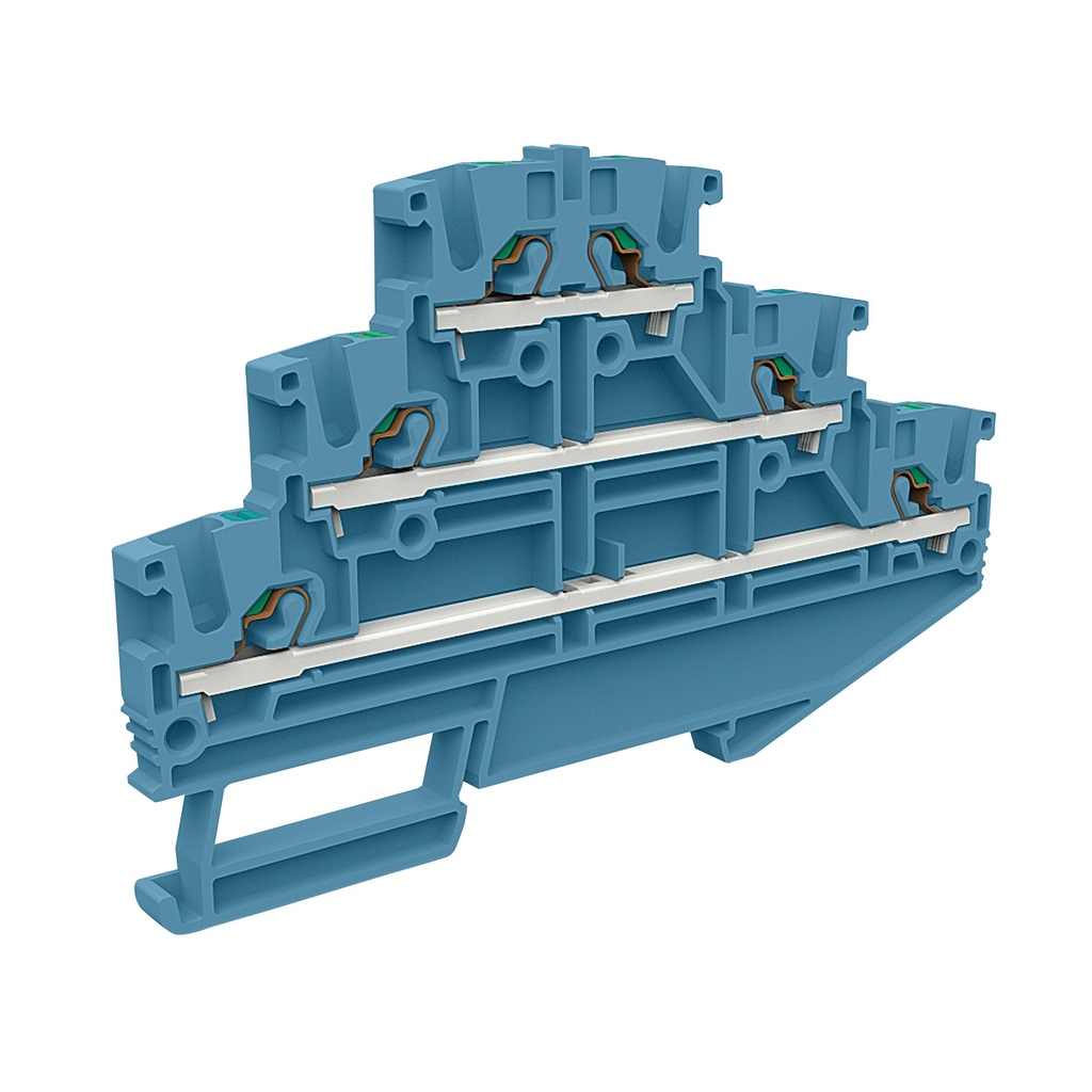 3 Level Push In Terminal Block, Ex Rated, Blue Housing, 5.2mm, UL 24-12 AWG, 20A, 600V