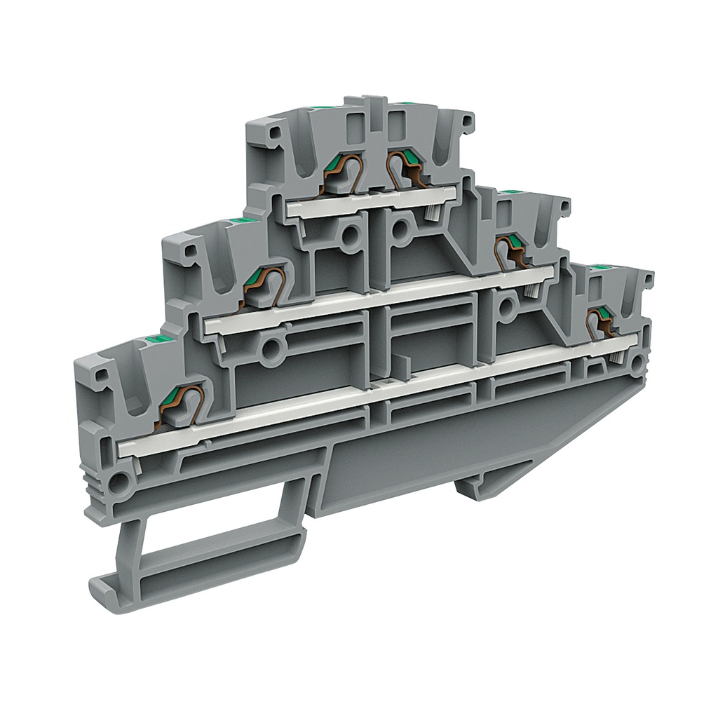 3 Level Push In Terminal Block, DIN Rail Mount, 6 Wire, 5.2mm, UL 24-12 AWG, 20A, 600V, 