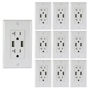 20A Duplex Wall Outlet with 2 USB Ports, White, Includes Wall Plate (10-Pack)