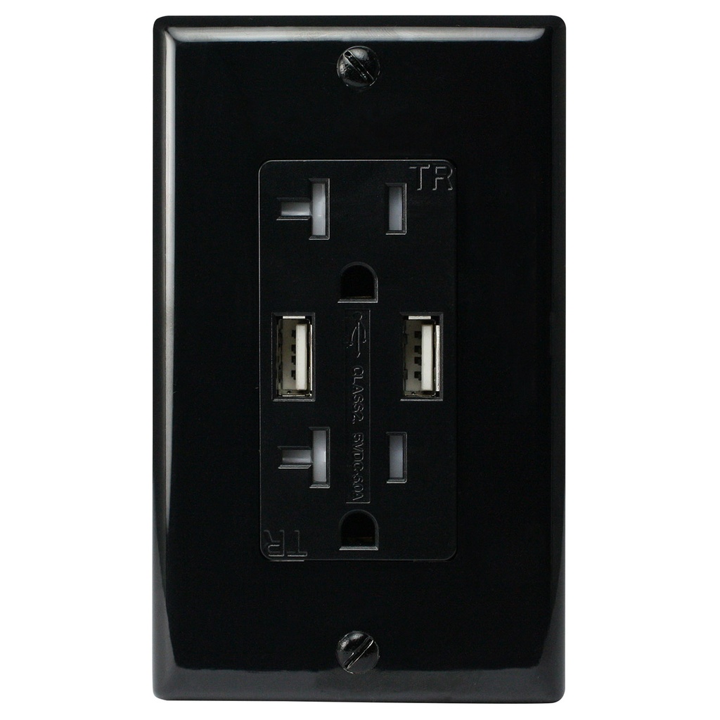 20A Duplex Wall Outlet with 2 USB Charging Ports, Black, Includes Wall Plate