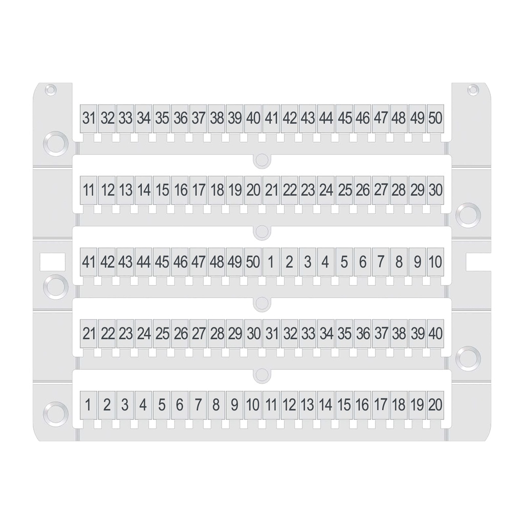 Terminal Block Markers, Numbered 1 to 50, Vertical Position, Universal 5.2 mm Pitch, 8 mm High,100 Markers per Card (500/PK)