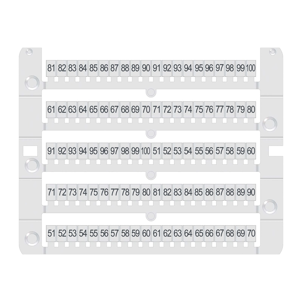 Numbered Strip Markers, Numbered 51 to 100, Vertically Positioned, Universal 5.2 mm Pitch, 8 mm High, 100 Markers per Card, 5 Cards