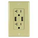 20A Duplex Wall Outlet with 2 USB Charging Ports, Ivory, Includes Wall Plate