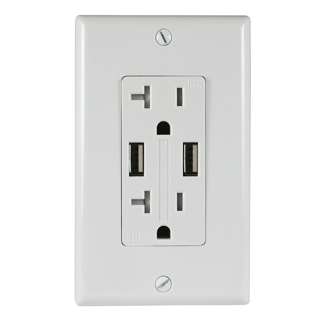 20A Duplex Wall Outlet with 2 USB Charging Ports, White, Includes Wall Plate